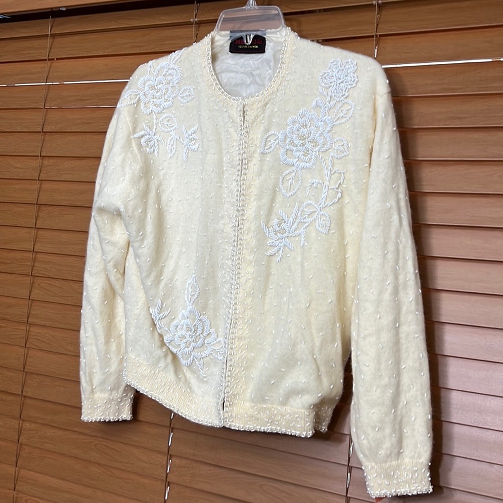 Vintage MEDOS Beaded Off-White  Cardigan Sweater Small